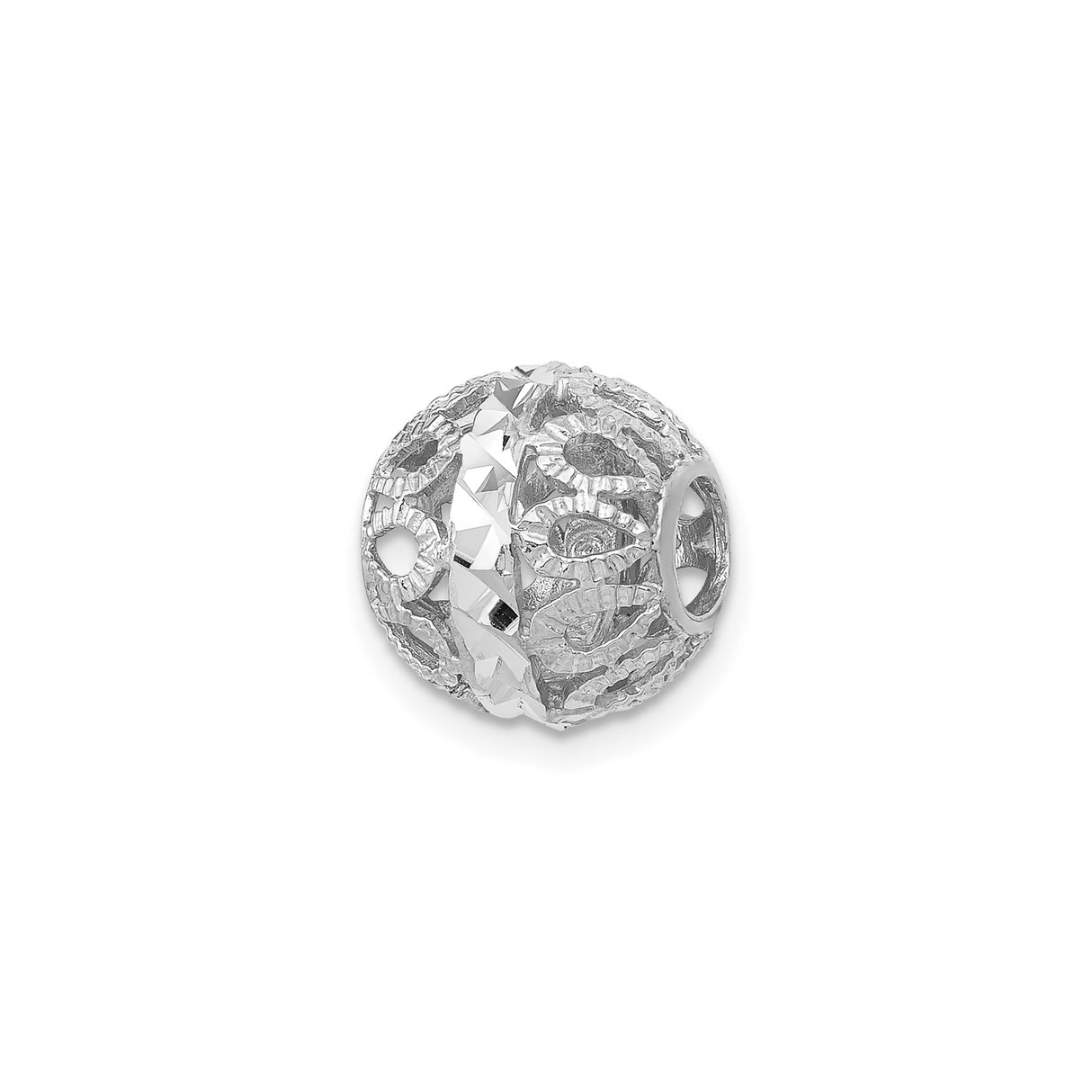 14k White Gold Filigree Charm Bead with Diamond-Cut Detailing and Openwork Design