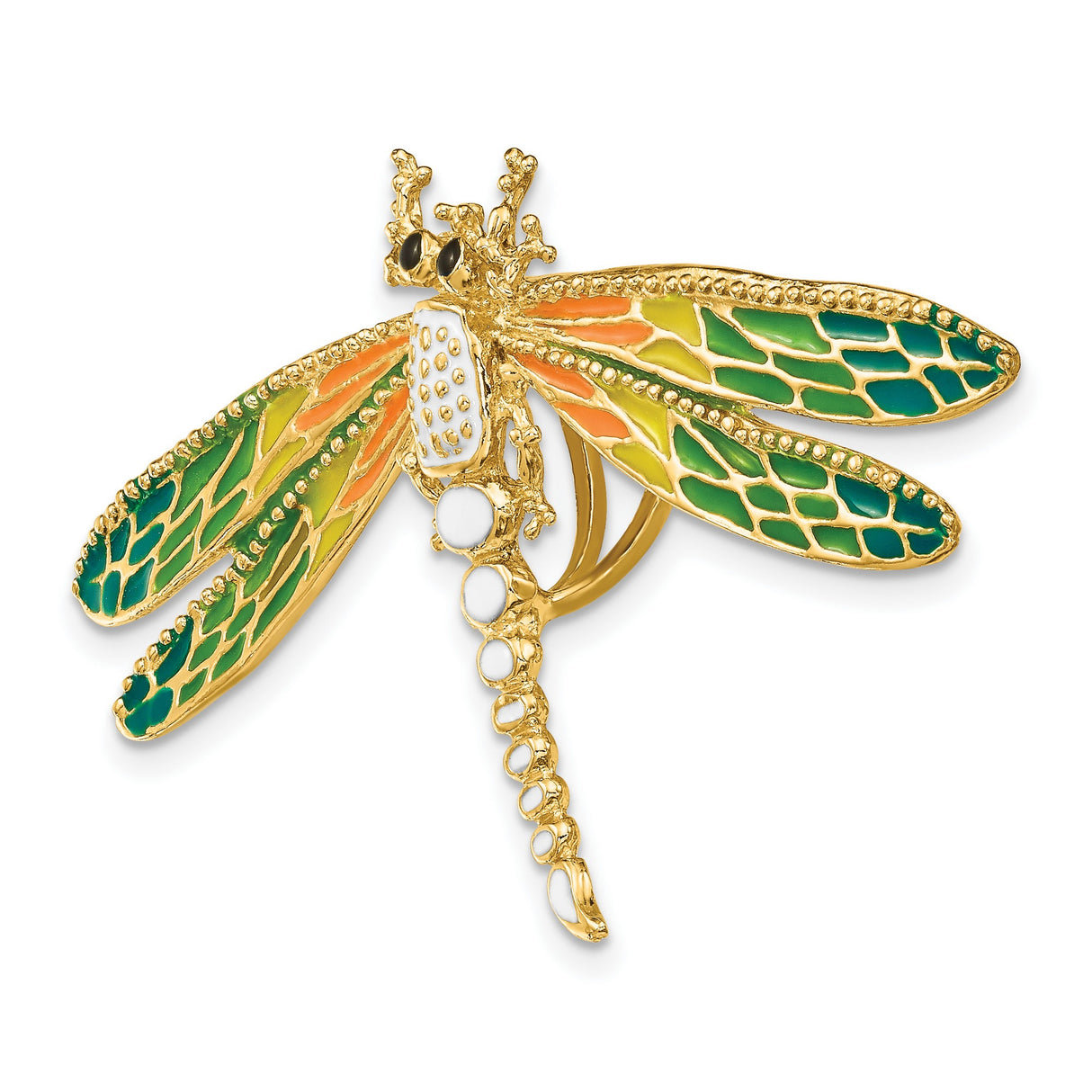 14k Yellow Gold Dragonfly Brooch with Green Yellow Orange Enamel Wings, Nature-Inspired Insect Pin