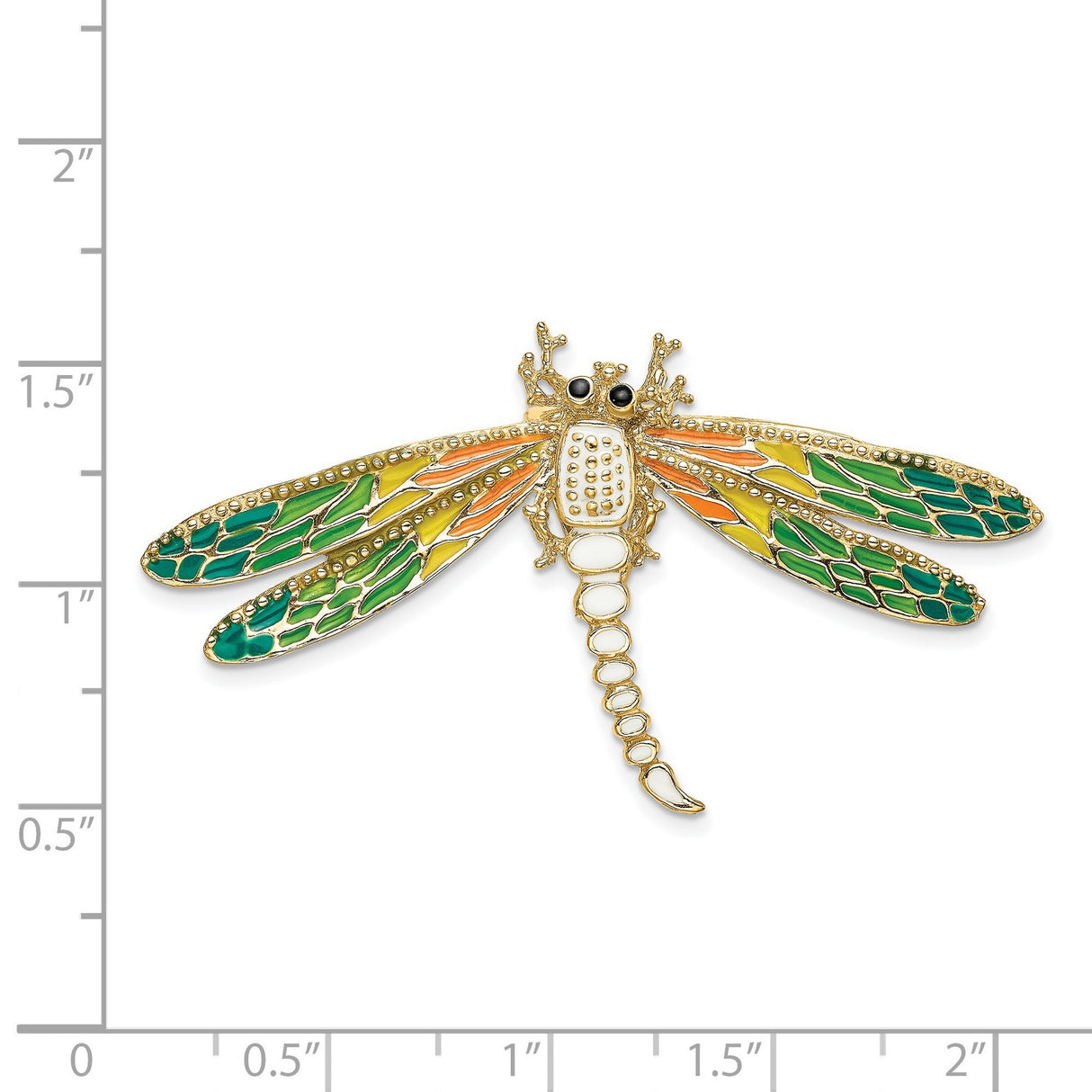 14k Yellow Gold Dragonfly Brooch with Green Yellow Orange Enamel Wings, Nature-Inspired Insect Pin