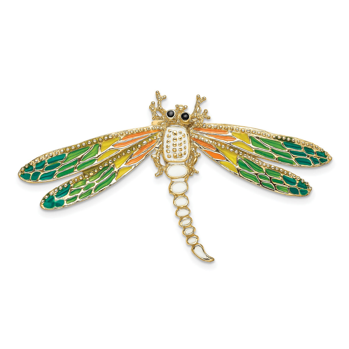 14k Yellow Gold Dragonfly Brooch with Green Yellow Orange Enamel Wings, Nature-Inspired Insect Pin