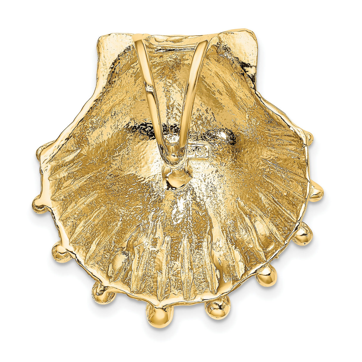 14k Yellow Gold Scallop Shell Pendant with Textured Ridges and Droplet Detail, Camino de Santiago Theme