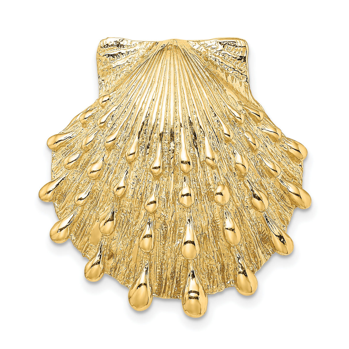 14k Yellow Gold Scallop Shell Pendant with Textured Ridges and Droplet Detail, Camino de Santiago Theme