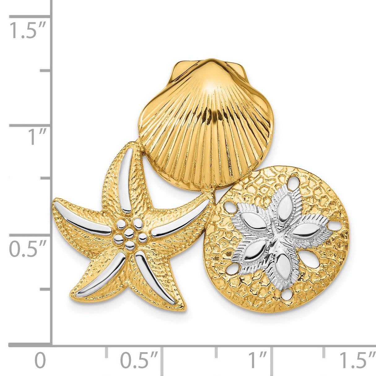 14k Yellow Gold and Rhodium Sea Life Pendant with Seashell, Starfish, Sand Dollar Design