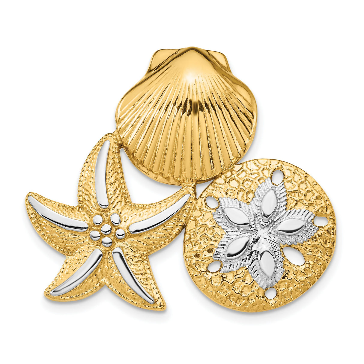 14k Yellow Gold and Rhodium Sea Life Pendant with Seashell, Starfish, Sand Dollar Design