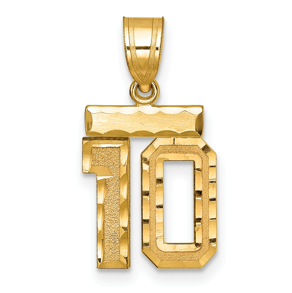14k Yellow Gold Number 10 Pendant, Polished and Textured Block Font, Unisex Sports Charm