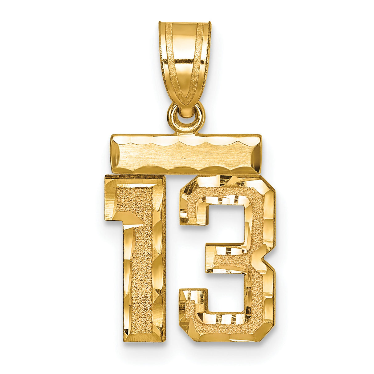14k Yellow Gold Number 13 Pendant, Cutout Textured Design, Urban Style Jewelry for Men or Unisex