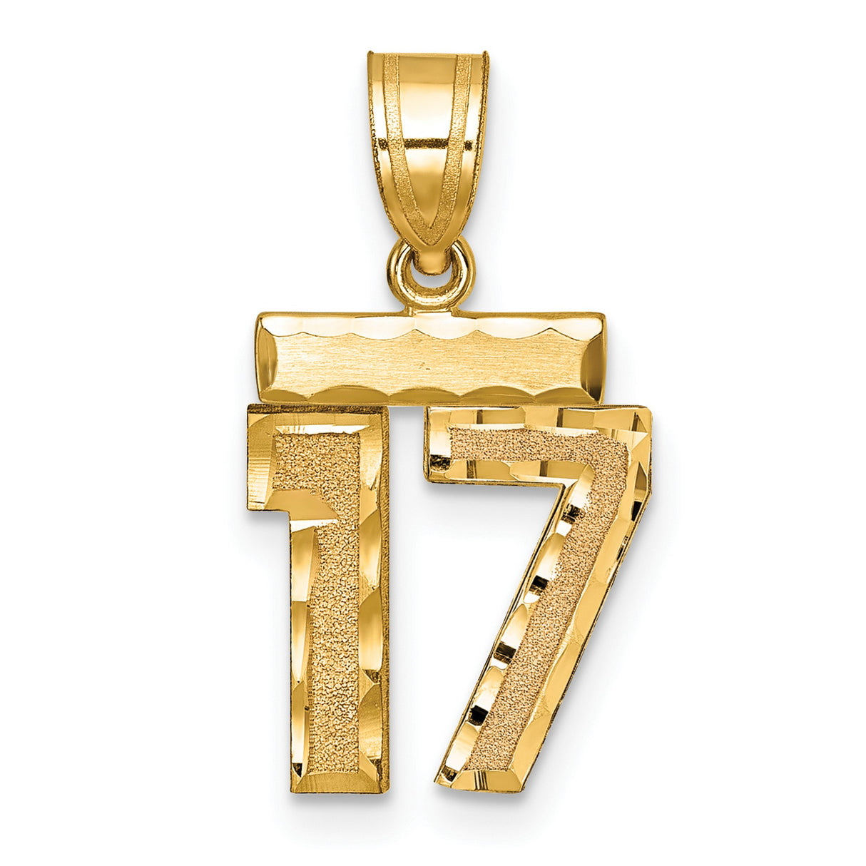 14k Yellow Gold Number 17 Pendant, Textured and Polished Sports Style for Men or Unisex