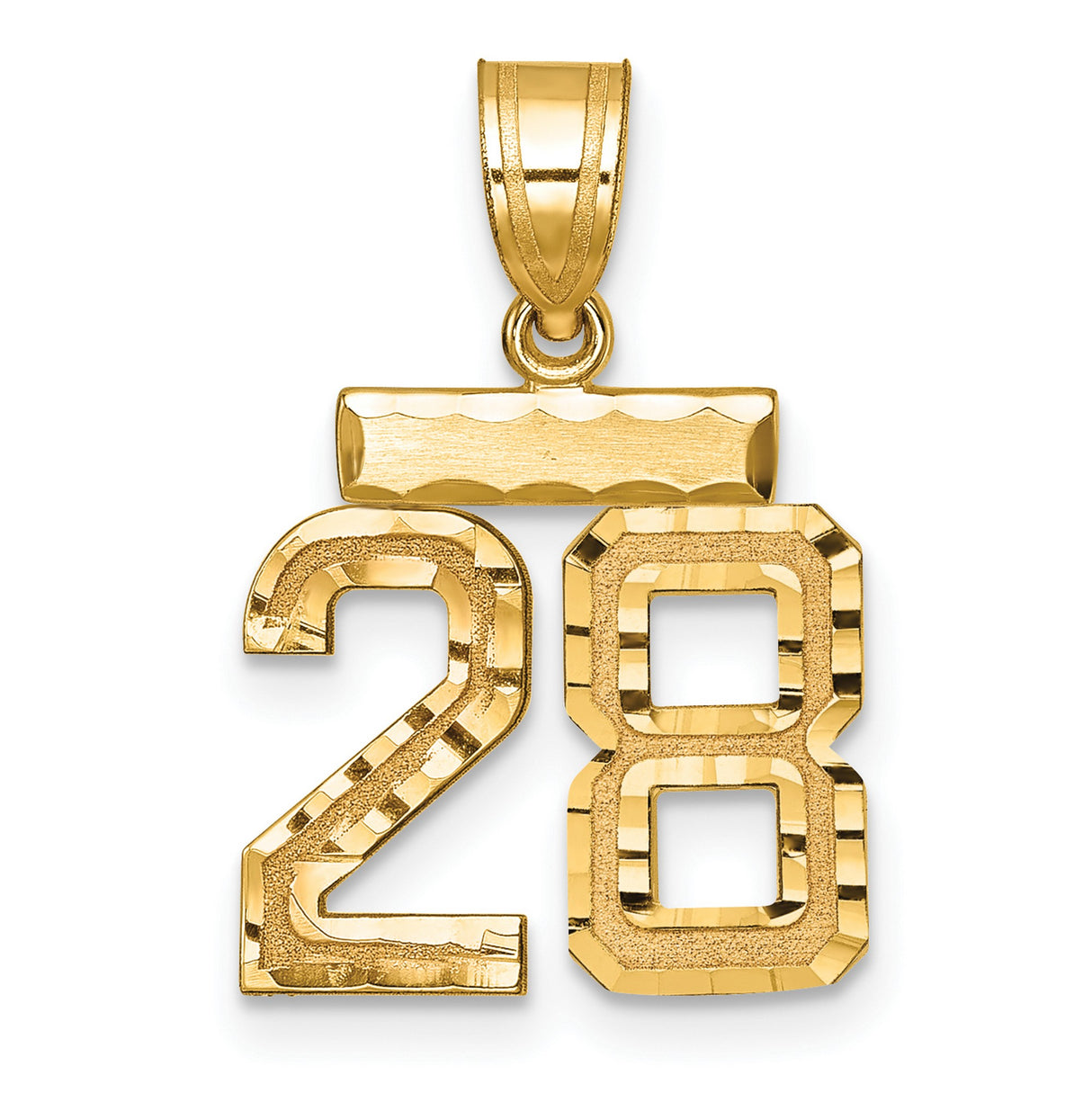 14k Yellow Gold Number 28 Pendant, High Polish Textured Sport Charm for Men or Unisex