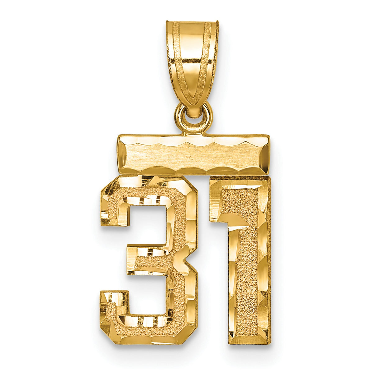 14k Yellow Gold Number 31 Pendant, Bold Sports Charm with High-Polish and Textured Finish