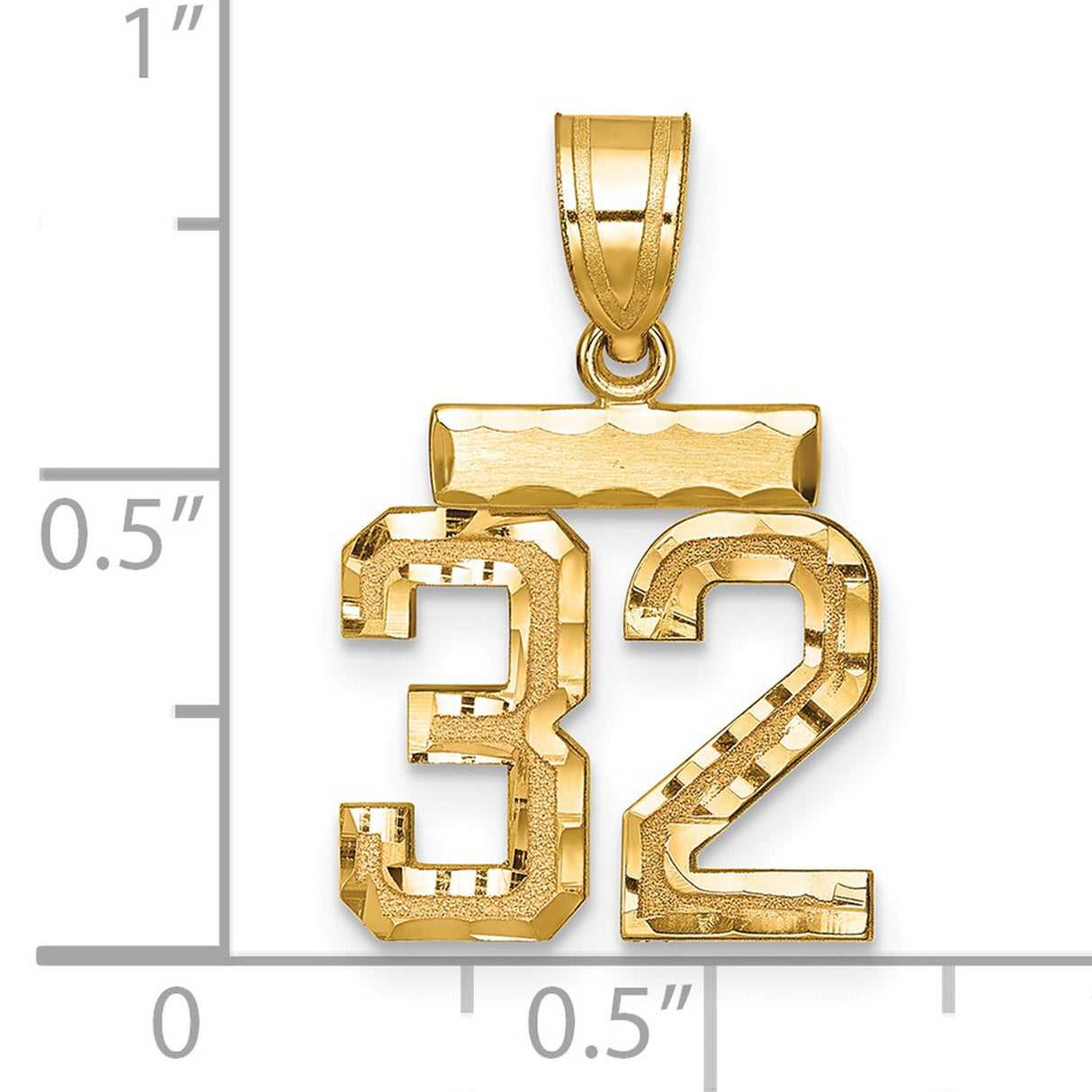 14k Yellow Gold Number 32 Pendant, High Polish Textured Sports Charm for Men or Unisex Wear