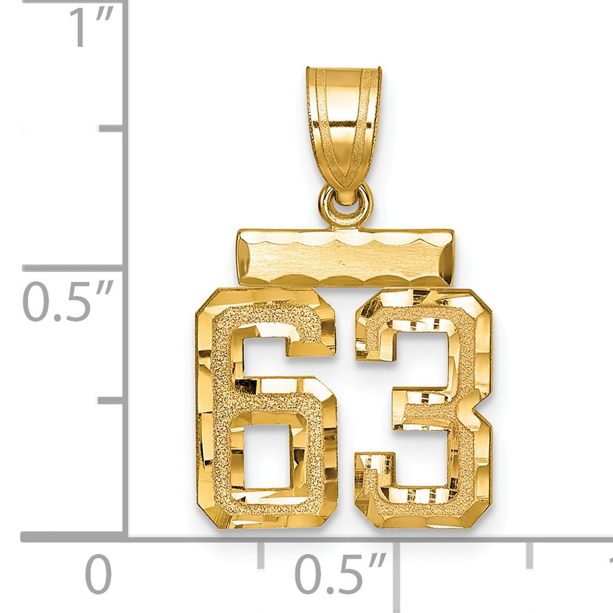 Small Brushed Diamond-cut Number 63 Charm Pendant in Real 14k Yellow Gold