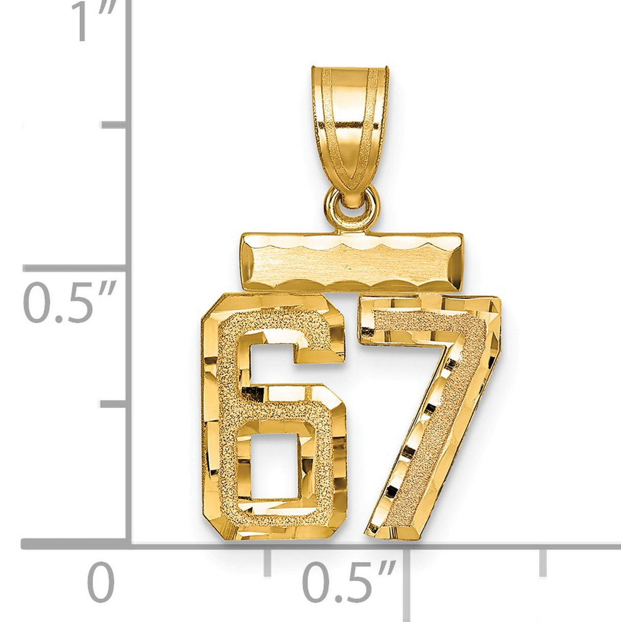 Small Brushed Diamond-cut Number 67 Charm Pendant in Real 14k Yellow Gold