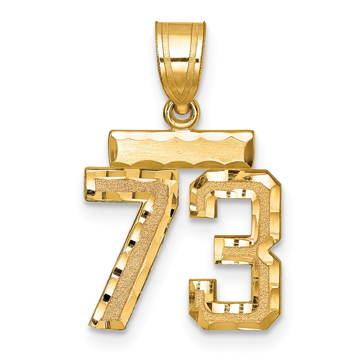 14k Yellow Gold Pendant, Number 73 Design, Bold Textured Digits, Sports Charm for Men or Unisex