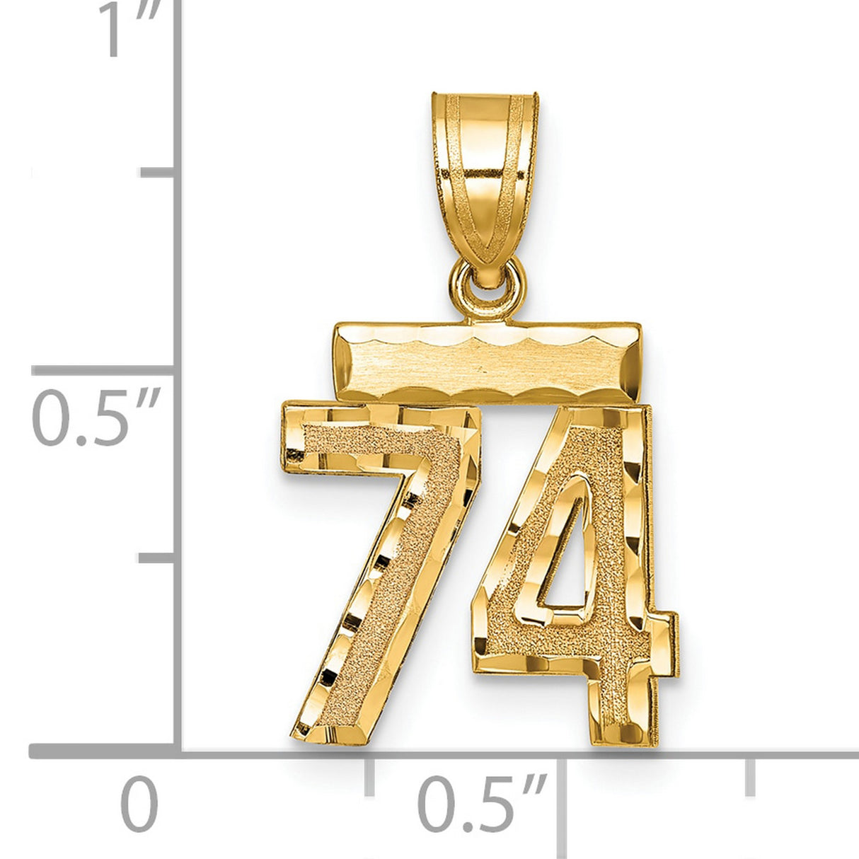 Small Brushed Diamond-cut Number 74 Charm Pendant in Real 14k Yellow Gold