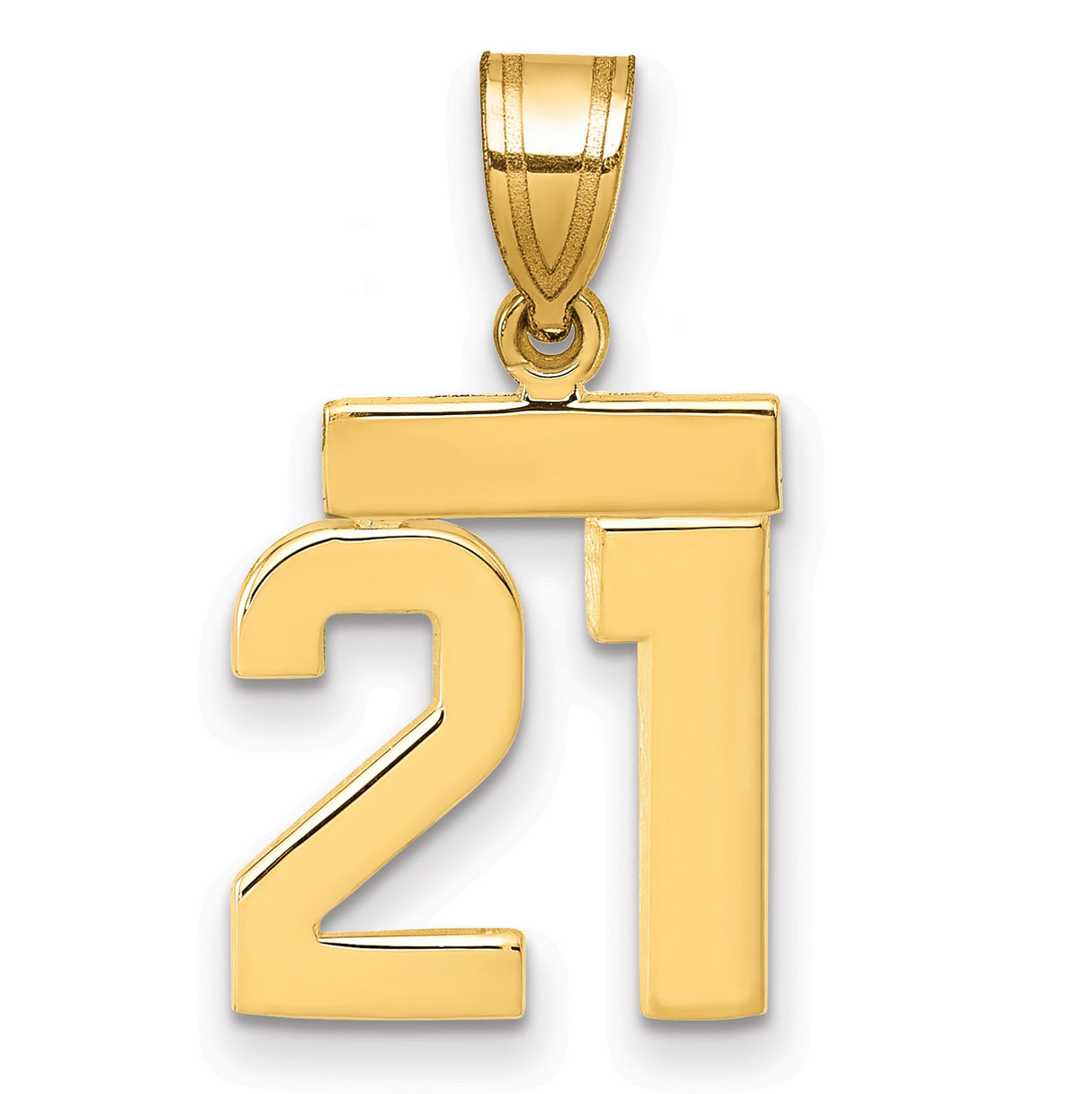 14k Yellow Gold Number 21 Pendant, Polished Numeric Charm for 21st Birthday or Anniversary