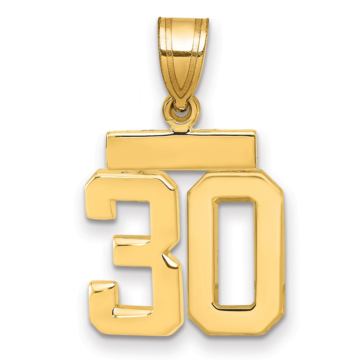 14k Yellow Gold Number 30 Pendant, Bold Block Style, High Polish Finish, Unisex Charm