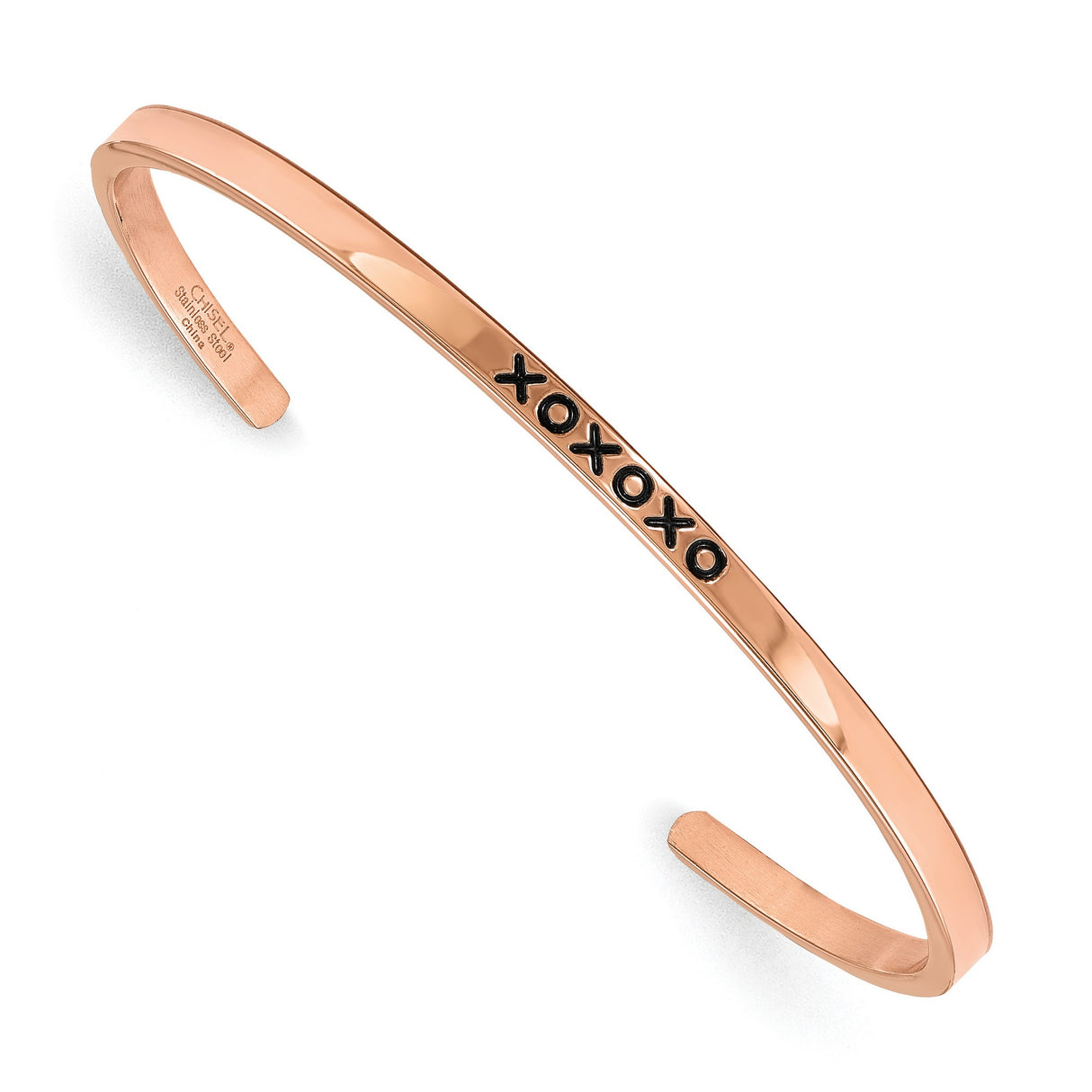 Rose IP-plated Crystal XOXOXO 3mm Cuff Bangle Bracelet Charm Pendant in Real 316 Stainless Steel