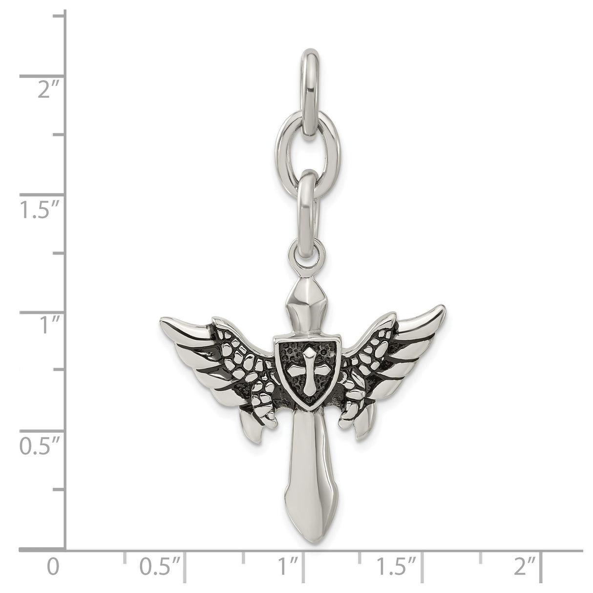 Stainless Steel Pendant with Cross, Angel Wings, Shield and Sword Gothic Detail