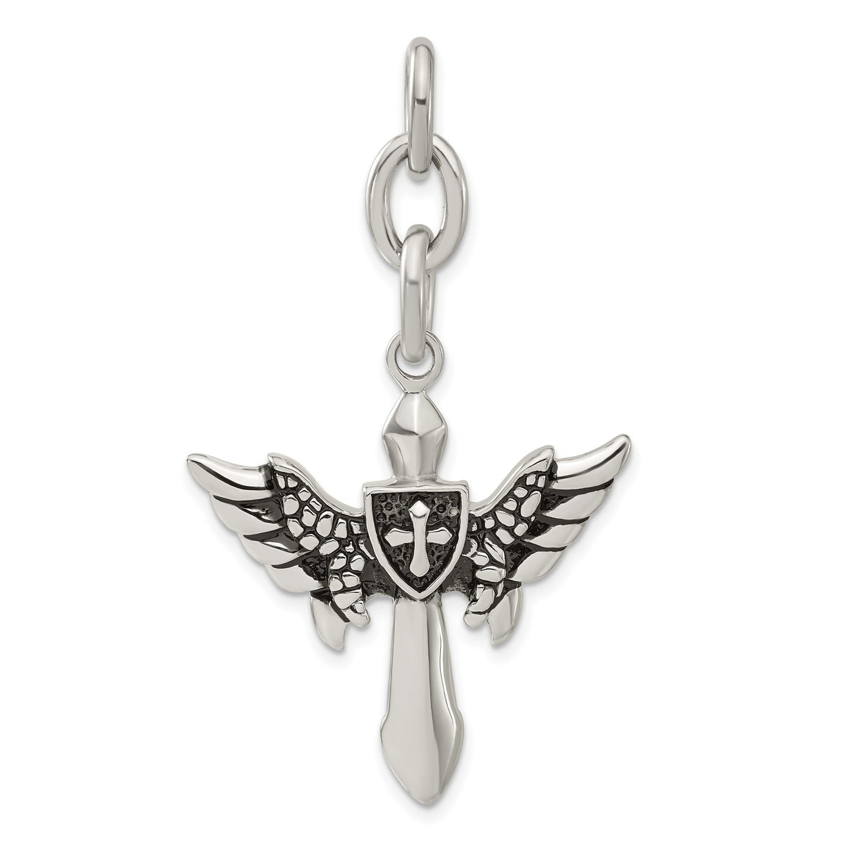 Stainless Steel Pendant with Cross, Angel Wings, Shield and Sword Gothic Detail