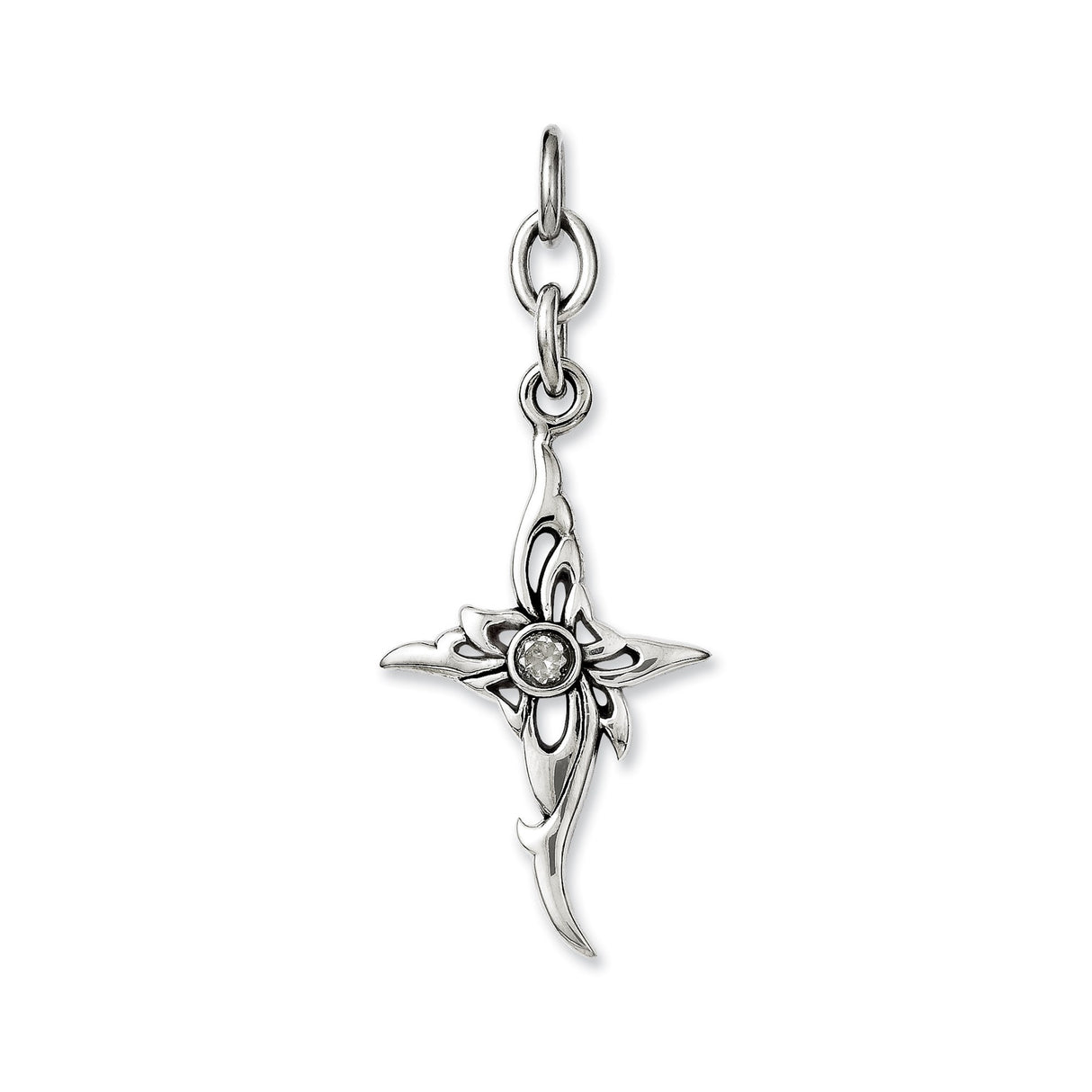 Stainless Steel Cross Pendant with Cubic Zirconia, Curved Edge Gothic Design