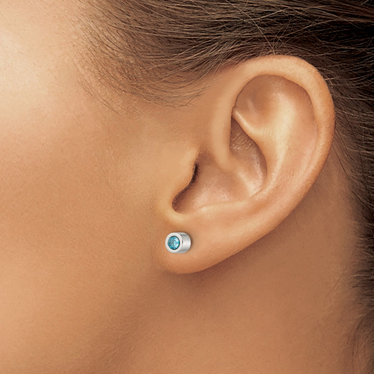 Stainless Steel Stud Earrings with Blue Cubic Zirconia, Bezel Set Minimalist Design