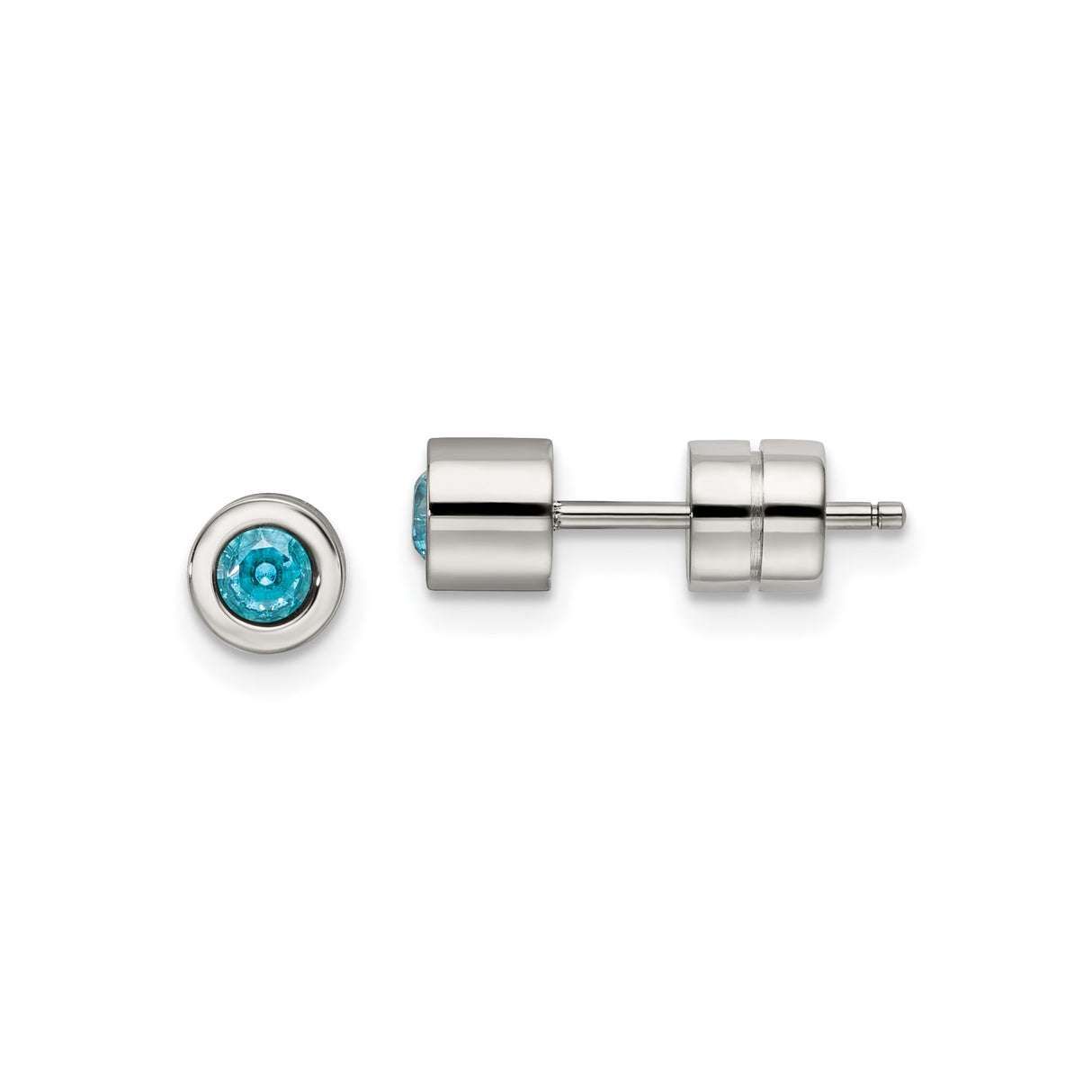 Stainless Steel Stud Earrings with Blue Cubic Zirconia, Bezel Set Minimalist Design