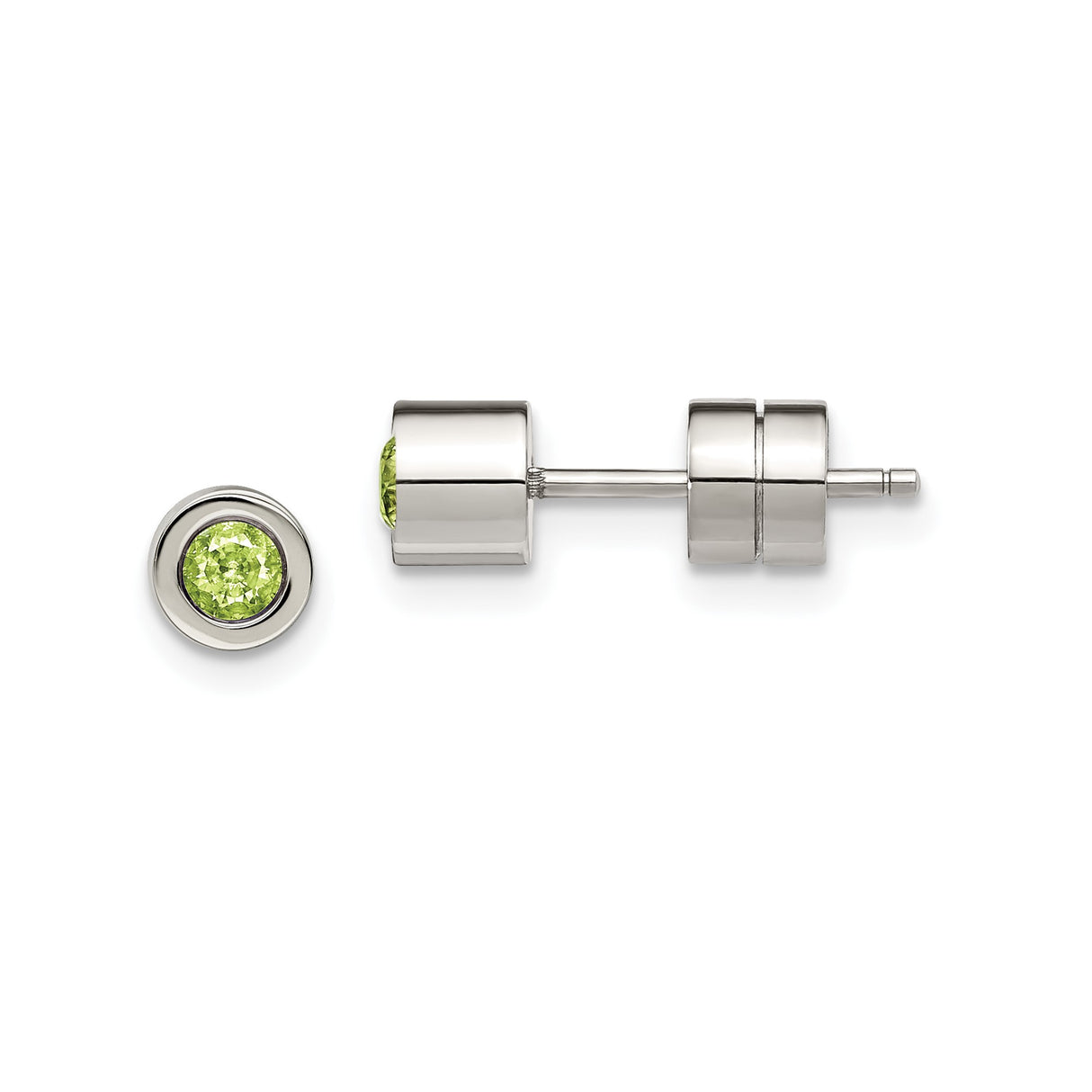 Stainless Steel Stud Earrings with Green Cubic Zirconia, Modern Minimalist Unisex Design