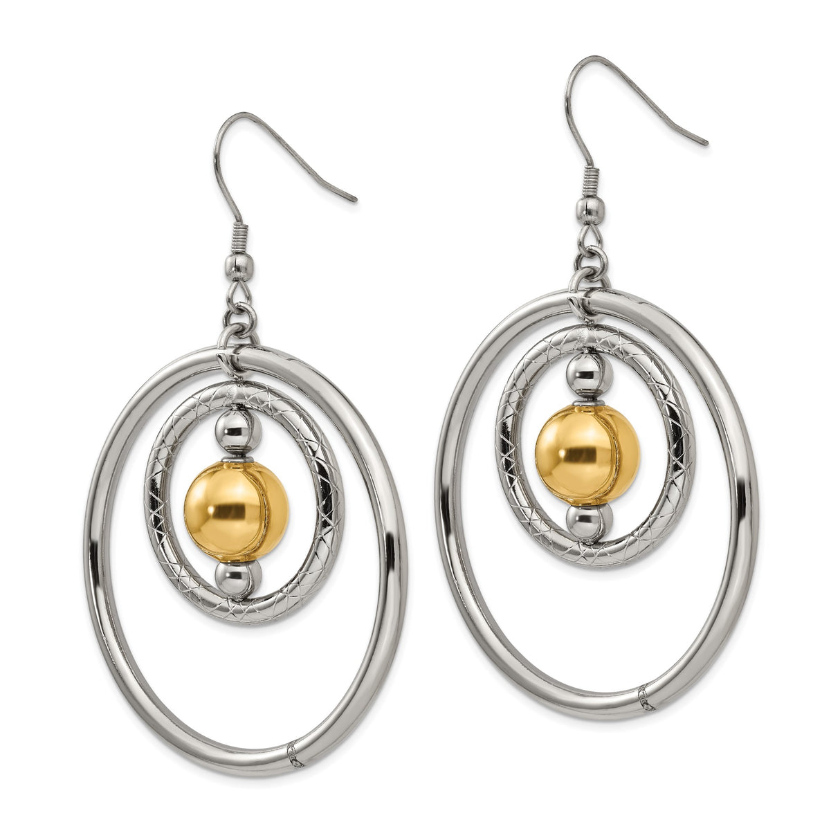 Stainless Steel Dangle Earrings, Double Hoop with Textured Ring and Gold Bead, Drop Style