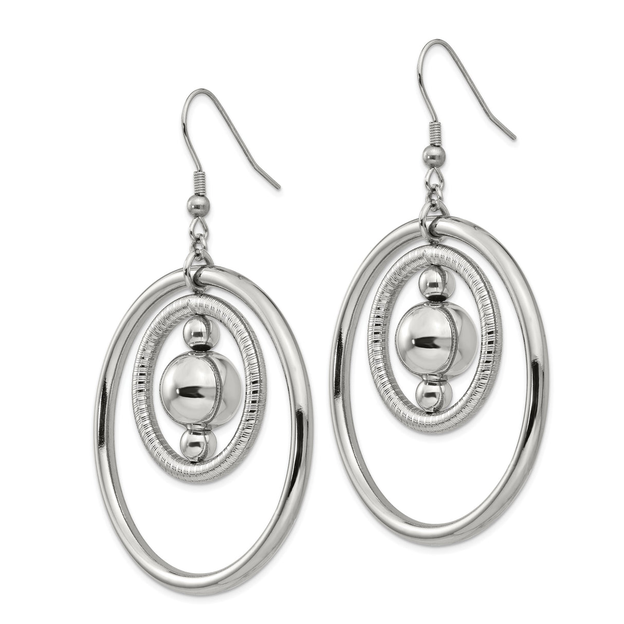 Stainless Steel Dangle Earrings with Open Concentric Circles and Polished Bead Accents
