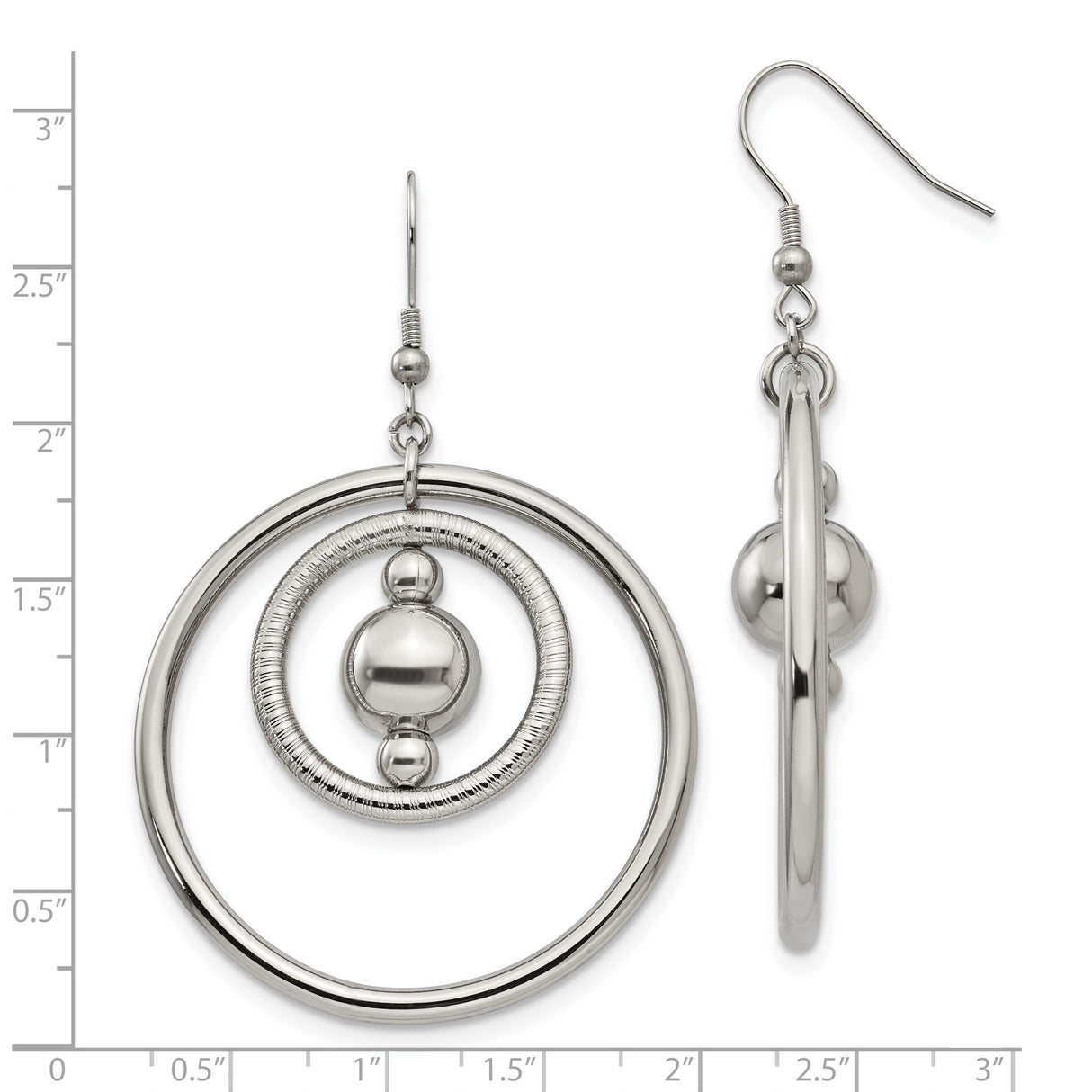 Stainless Steel Dangle Earrings with Open Concentric Circles and Polished Bead Accents