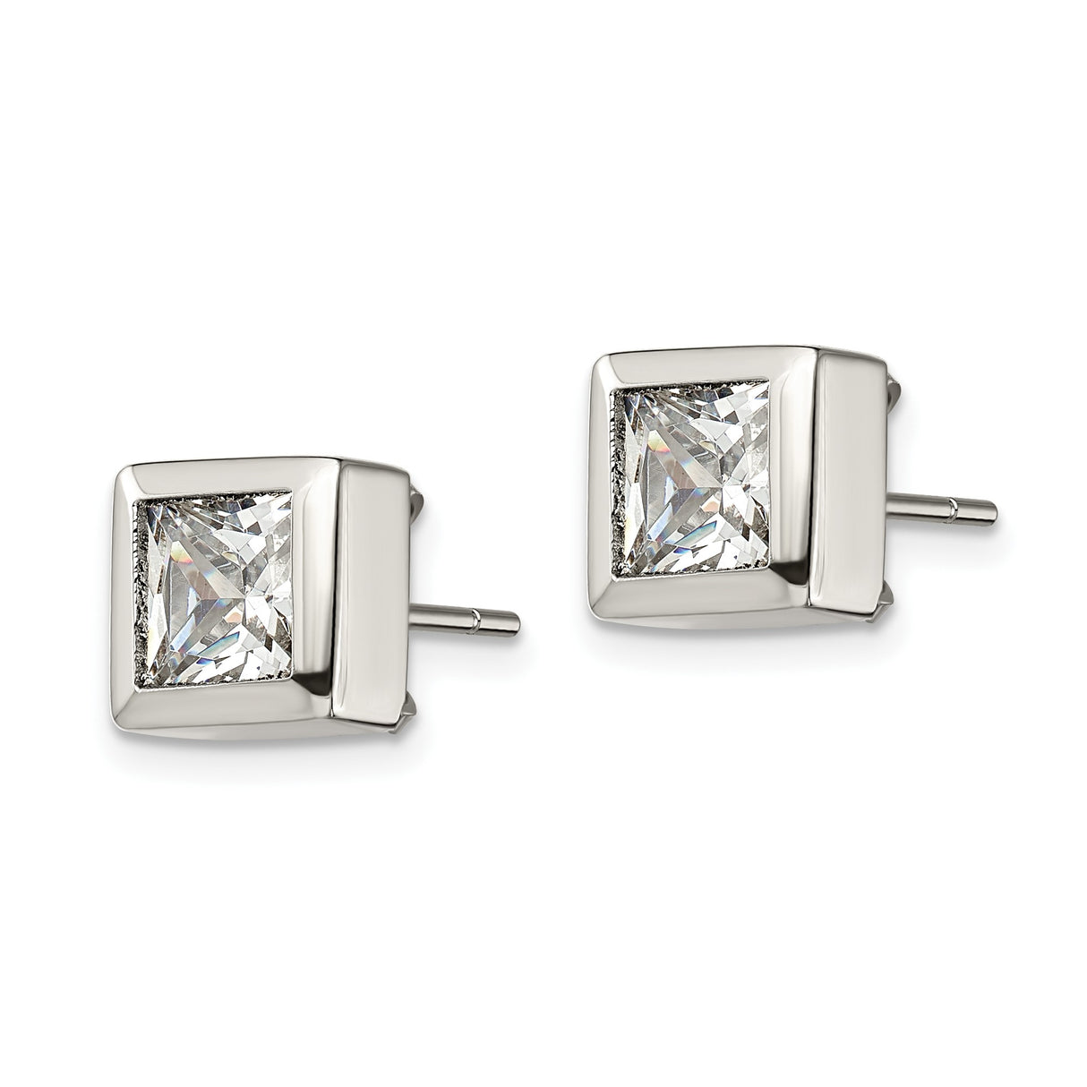 Stainless Steel Stud Earrings with Square Cut Cubic Zirconia, Bezel Set, Hypoallergenic Unisex Design