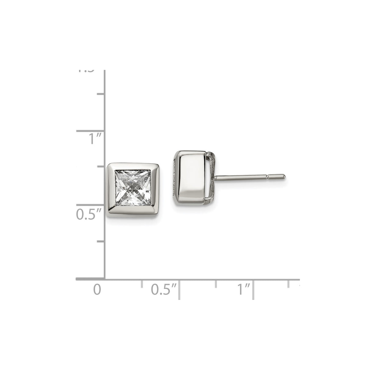 Stainless Steel Stud Earrings with Square Cut Cubic Zirconia, Bezel Set, Hypoallergenic Unisex Design
