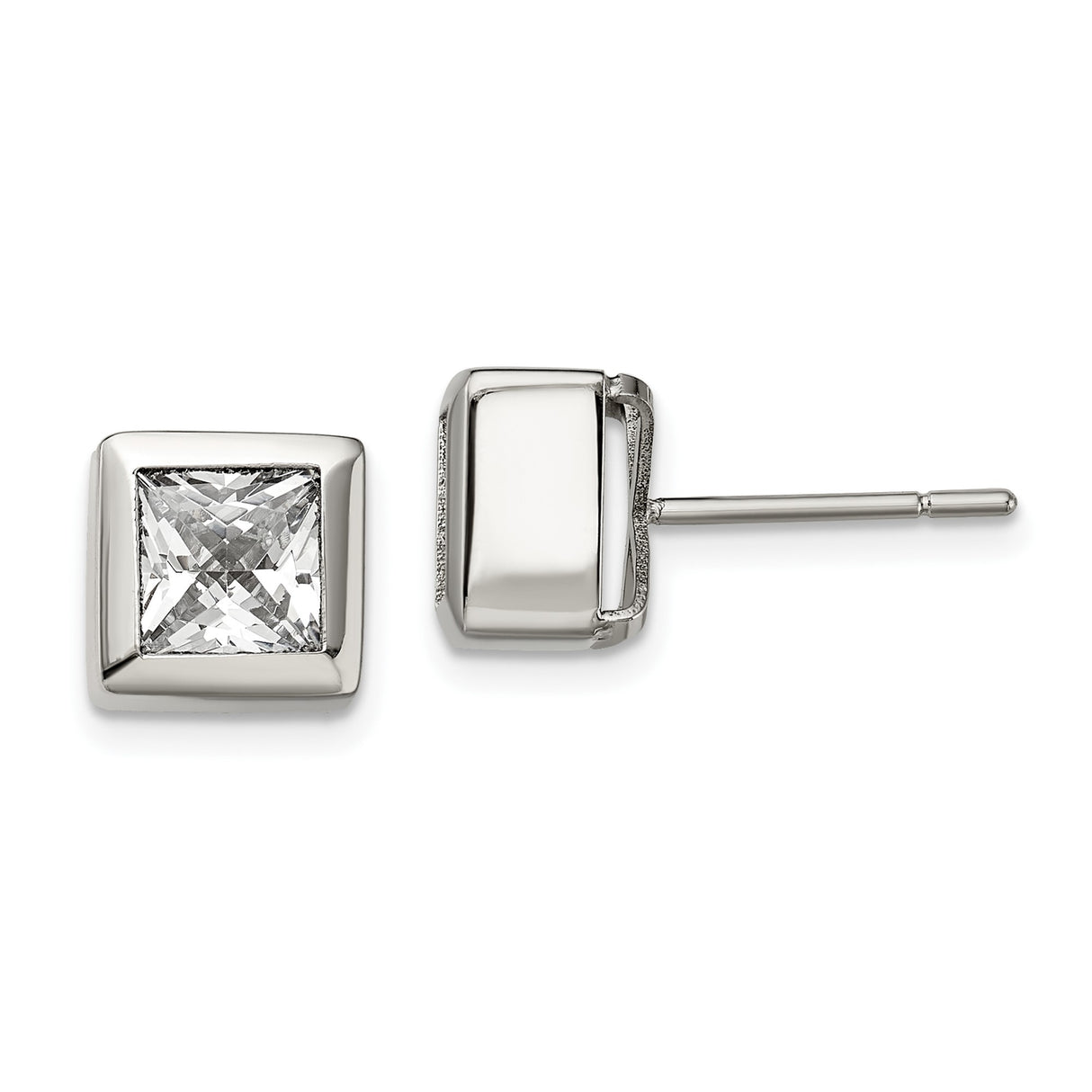 Stainless Steel Stud Earrings with Square Cut Cubic Zirconia, Bezel Set, Hypoallergenic Unisex Design
