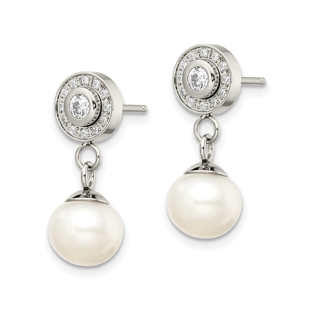 Stainless Steel Drop Earrings with Cubic Zirconia and White Pearls, Classic Bridal Style