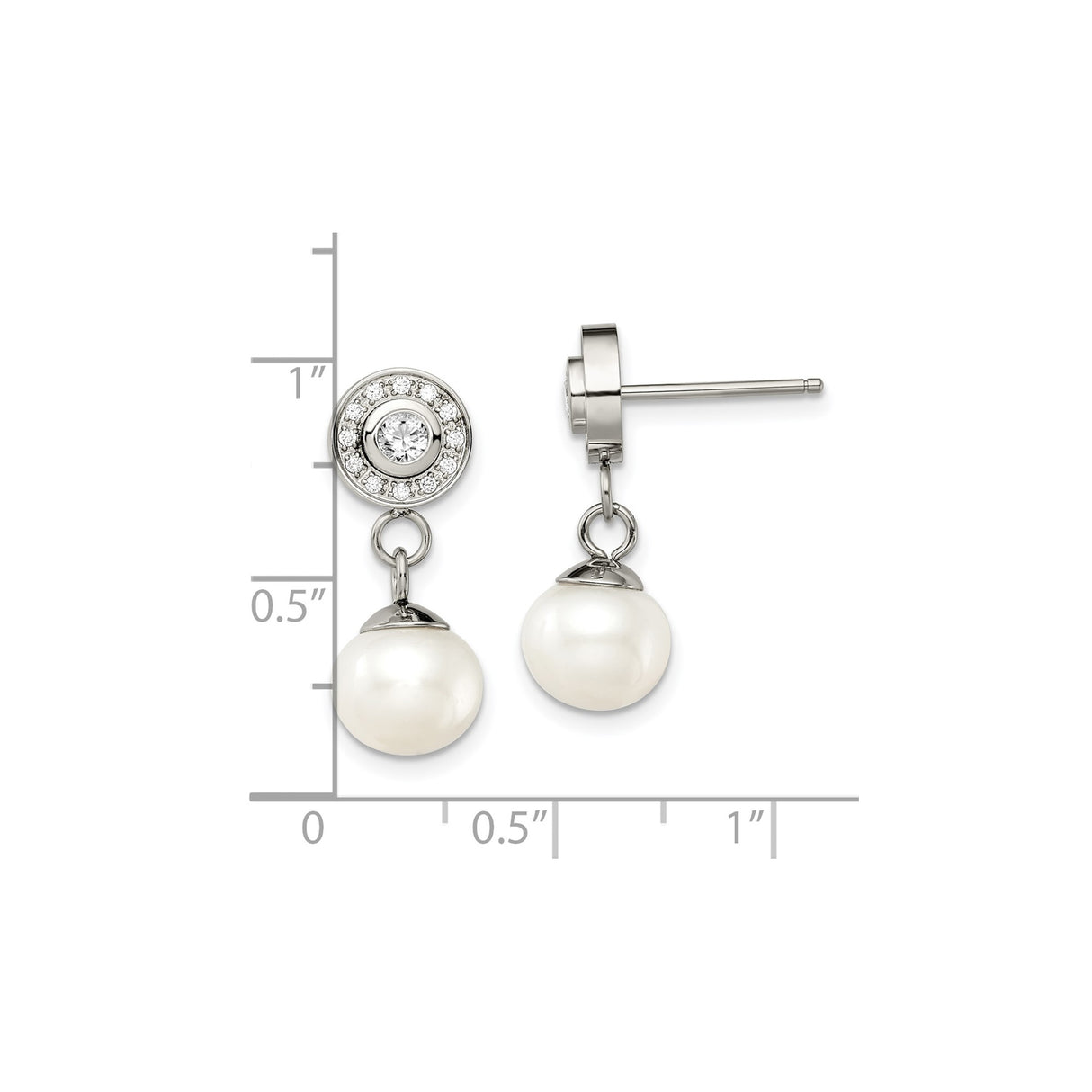 Stainless Steel Drop Earrings with Cubic Zirconia and White Pearls, Classic Bridal Style
