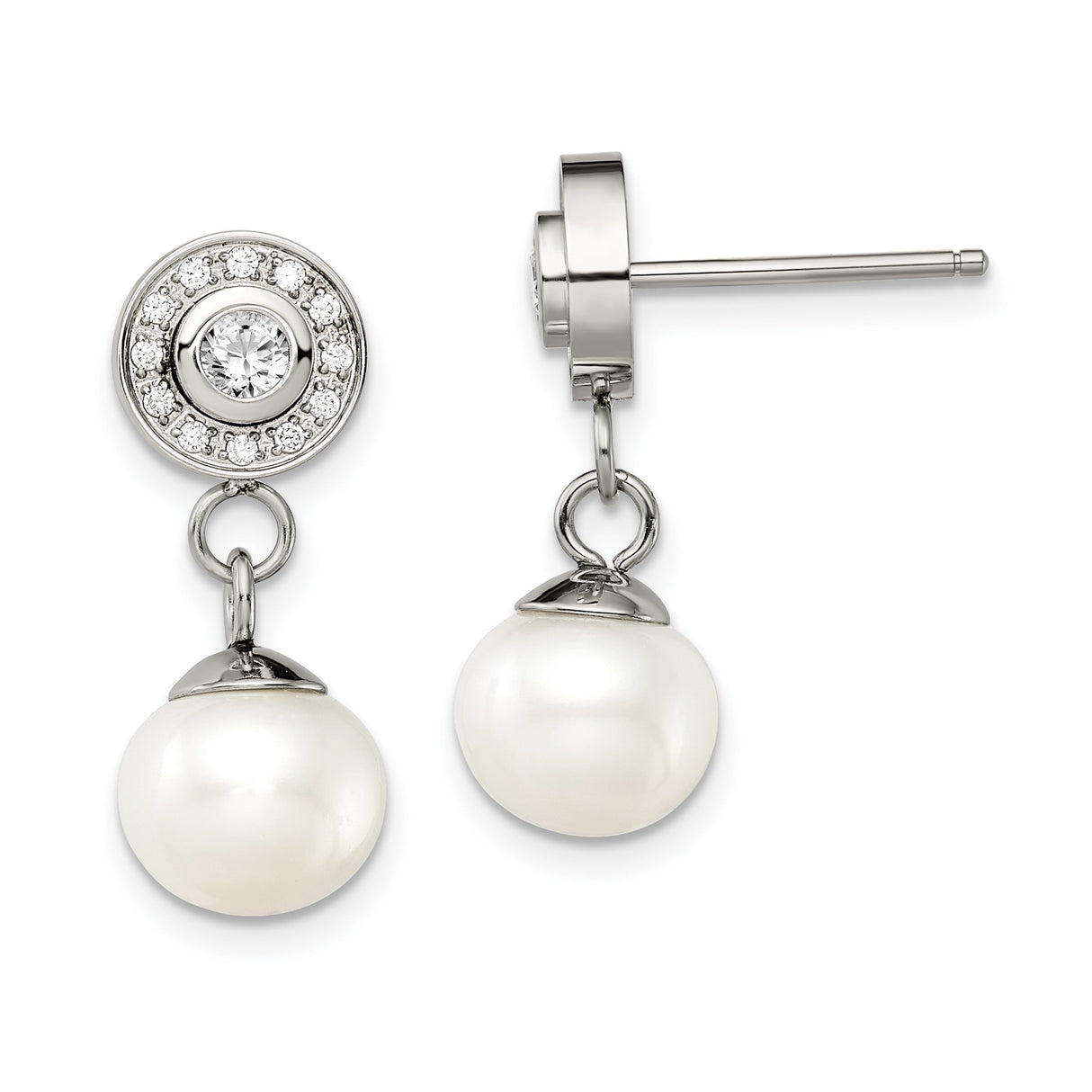 Stainless Steel Drop Earrings with Cubic Zirconia and White Pearls, Classic Bridal Style