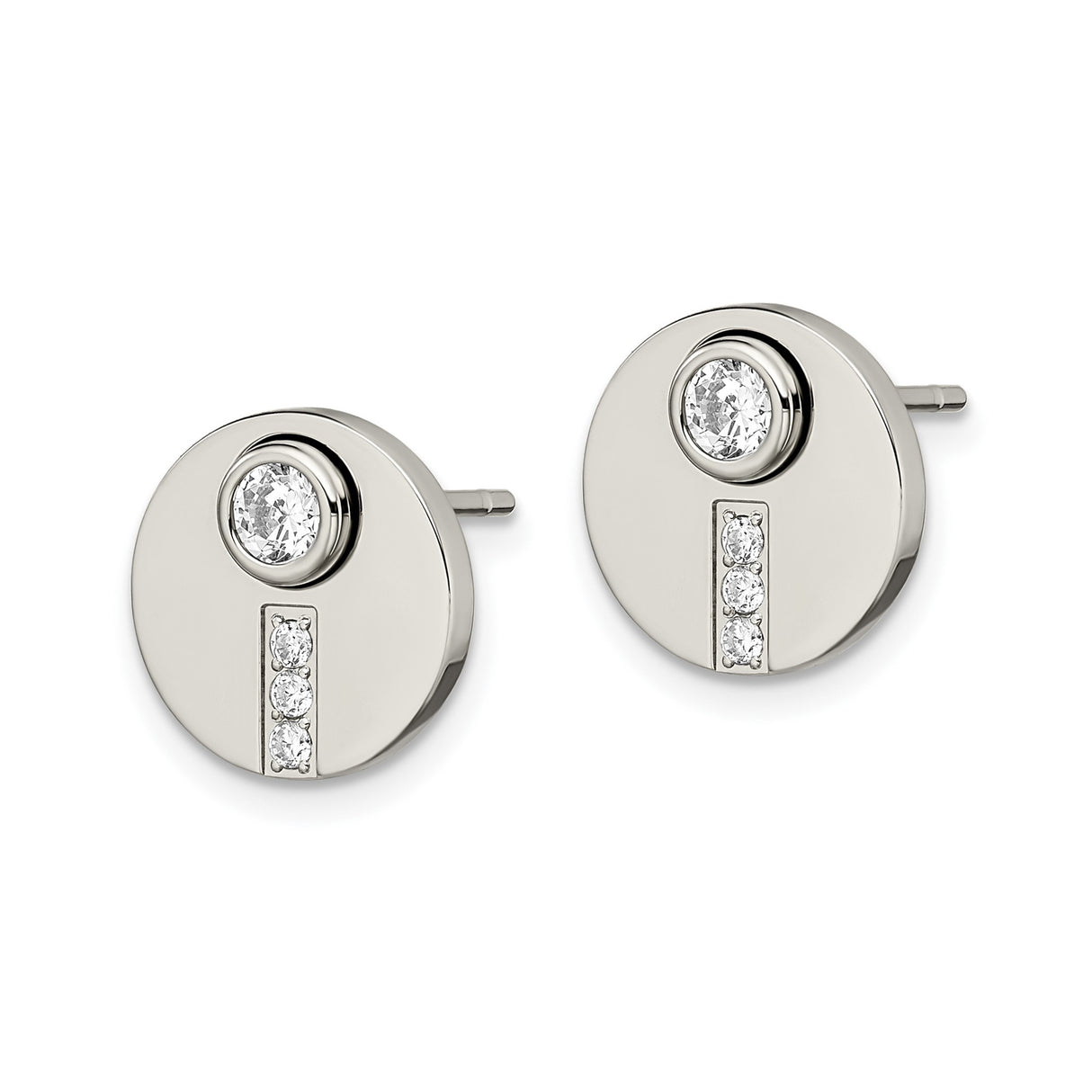 Stainless Steel Stud Earrings with Cubic Zirconia Bezel Set Center and Vertical Accents
