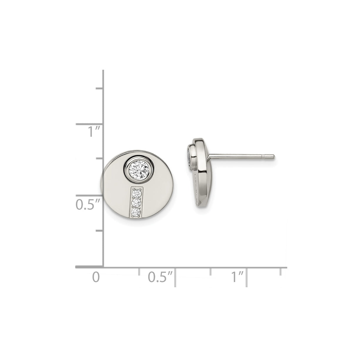 Stainless Steel Stud Earrings with Cubic Zirconia Bezel Set Center and Vertical Accents