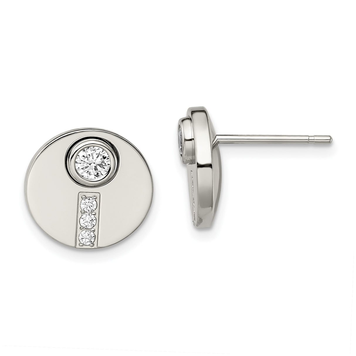 Stainless Steel Stud Earrings with Cubic Zirconia Bezel Set Center and Vertical Accents