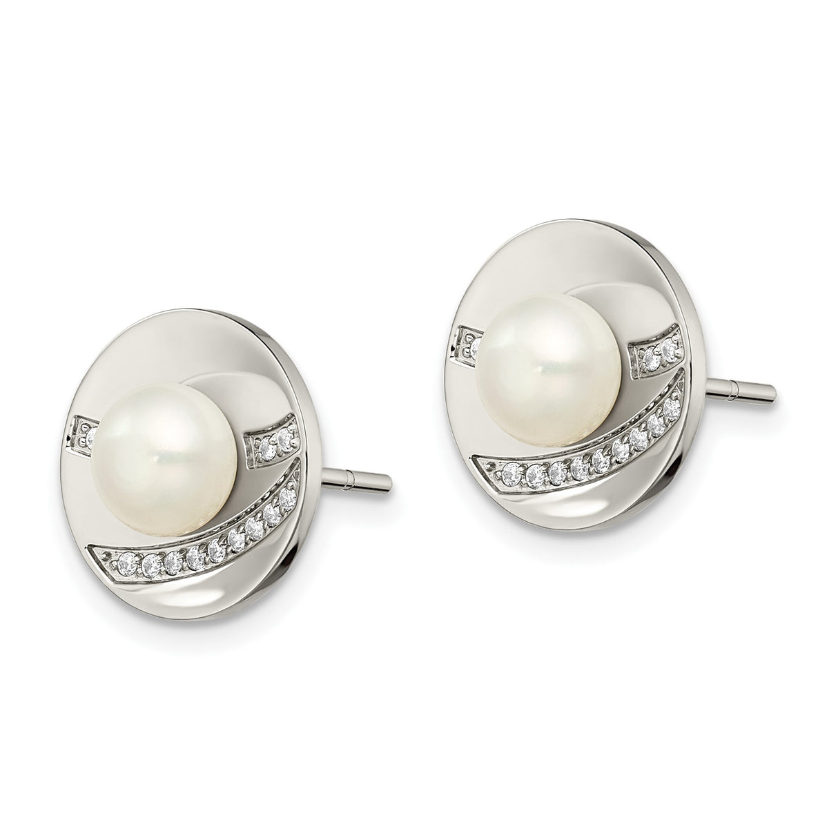 Stainless Steel Stud Earrings with White Pearls and Cubic Zirconia, Modern Circular Design