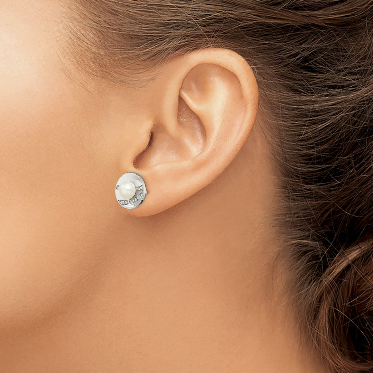 Stainless Steel Stud Earrings with White Pearls and Cubic Zirconia, Modern Circular Design