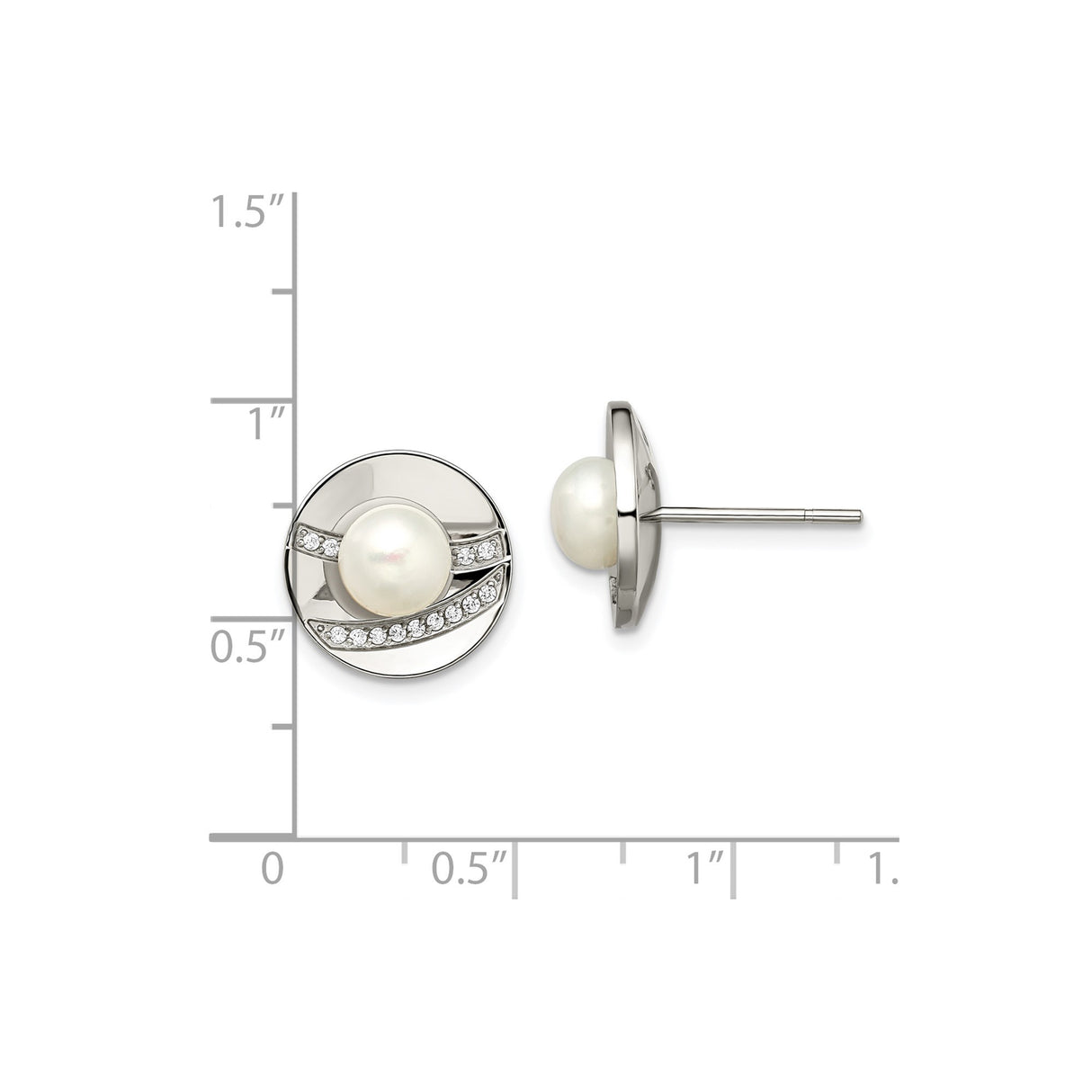 Stainless Steel Stud Earrings with White Pearls and Cubic Zirconia, Modern Circular Design