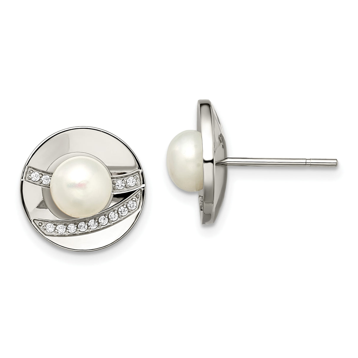 Stainless Steel Stud Earrings with White Pearls and Cubic Zirconia, Modern Circular Design