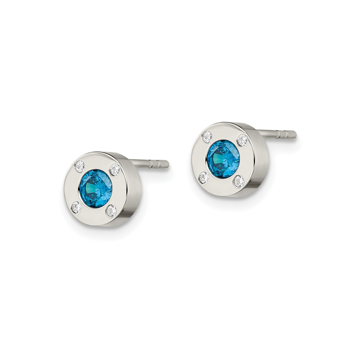 Stainless Steel Stud Earrings with Blue Cubic Zirconia and Clear Crystal Accents, Hypoallergenic Design