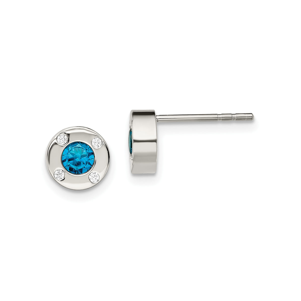 Stainless Steel Stud Earrings with Blue Cubic Zirconia and Clear Crystal Accents, Hypoallergenic Design
