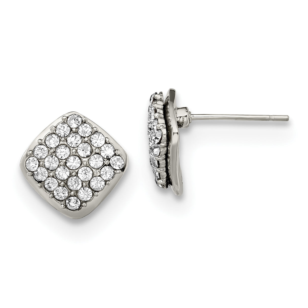 Stainless Steel Square Stud Earrings with Clear Crystals in Pavé Setting