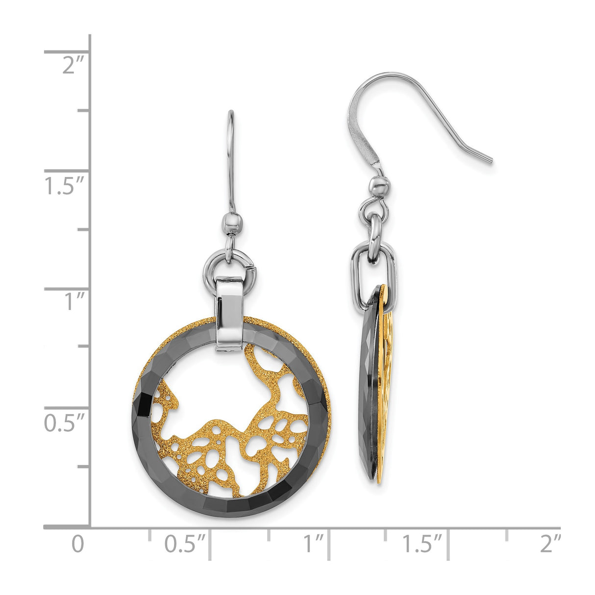 Stainless Steel Dangle Earrings with Faceted Black Ring and Coral Reef Pattern