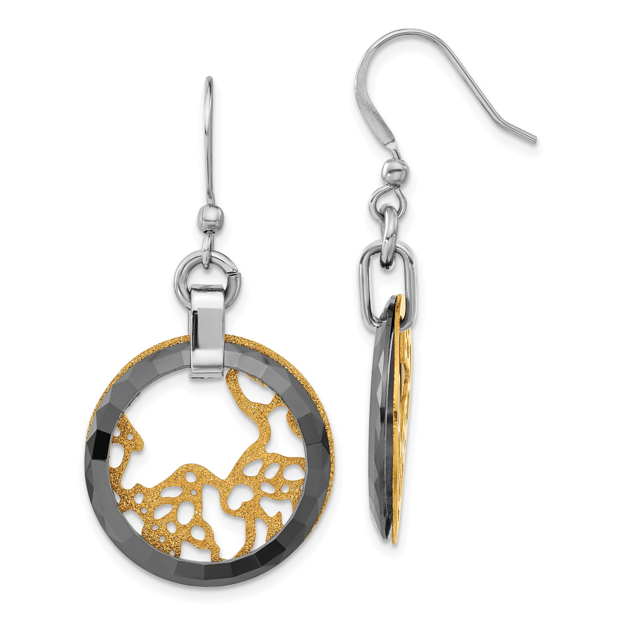 Stainless Steel Dangle Earrings with Faceted Black Ring and Coral Reef Pattern