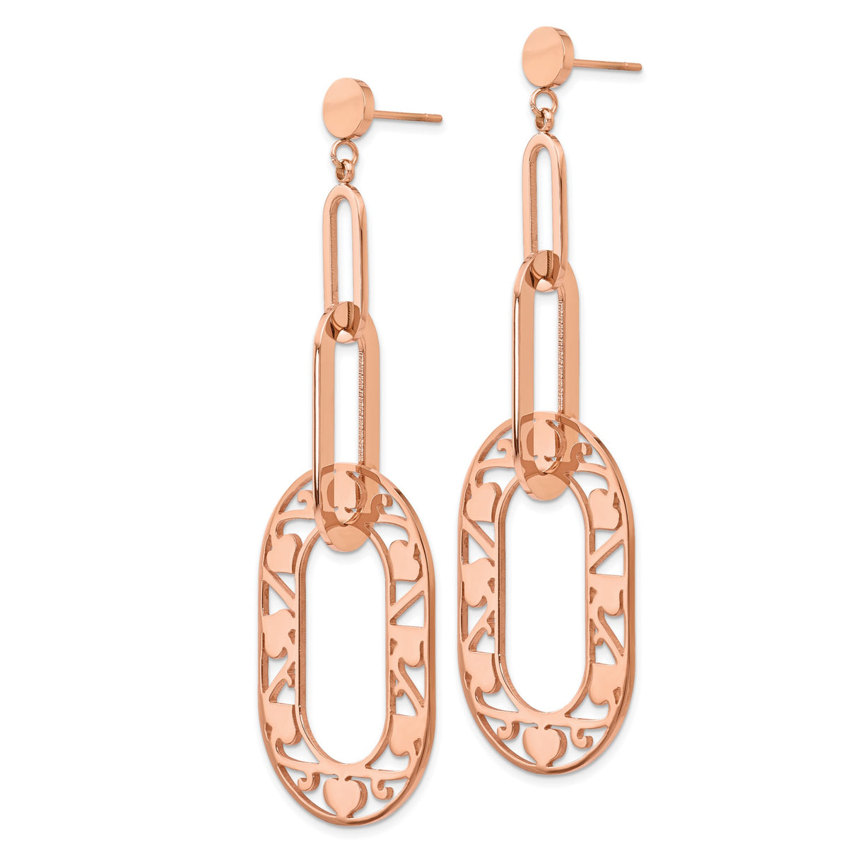 316 Stainless Steel Dangle Earrings with Elongated Oval Links and Openwork Scroll Pattern