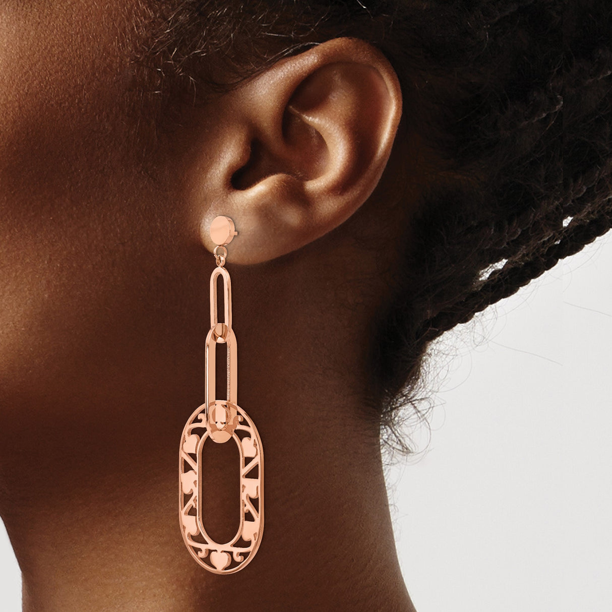 316 Stainless Steel Dangle Earrings with Elongated Oval Links and Openwork Scroll Pattern